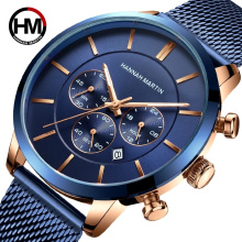 Hannah Martin 120 Men Watches Brand Luxury Stainless Steel Blue Waterproof Quartz Watch Man Business Casual Wristwatches